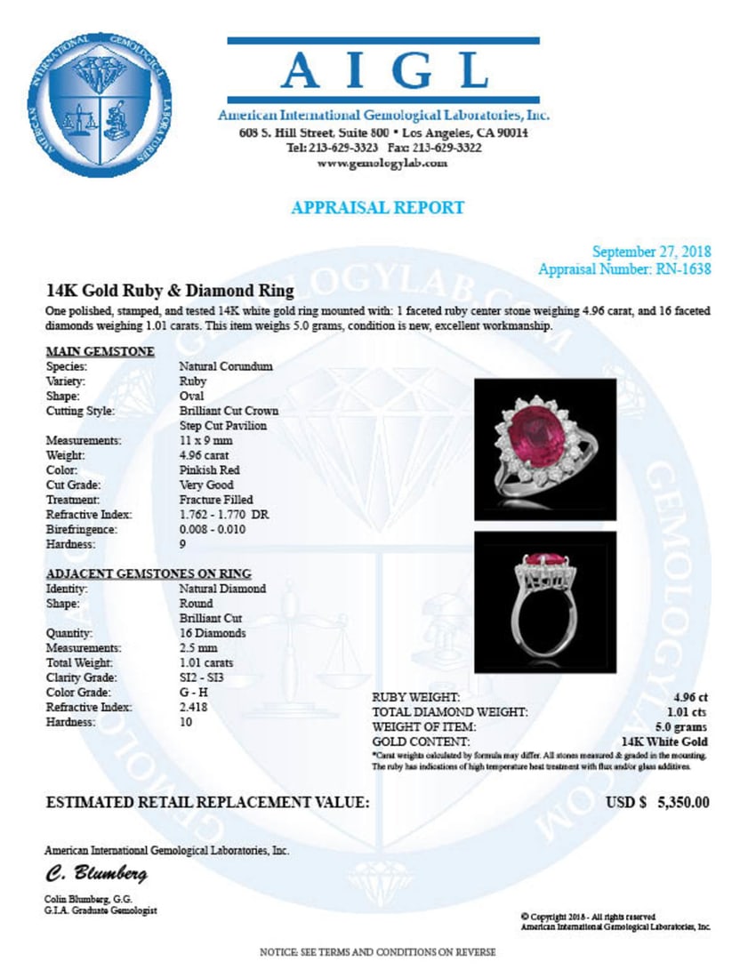 14K White Gold 4.96ct Ruby and 1.01ct Diamond Ring - 5