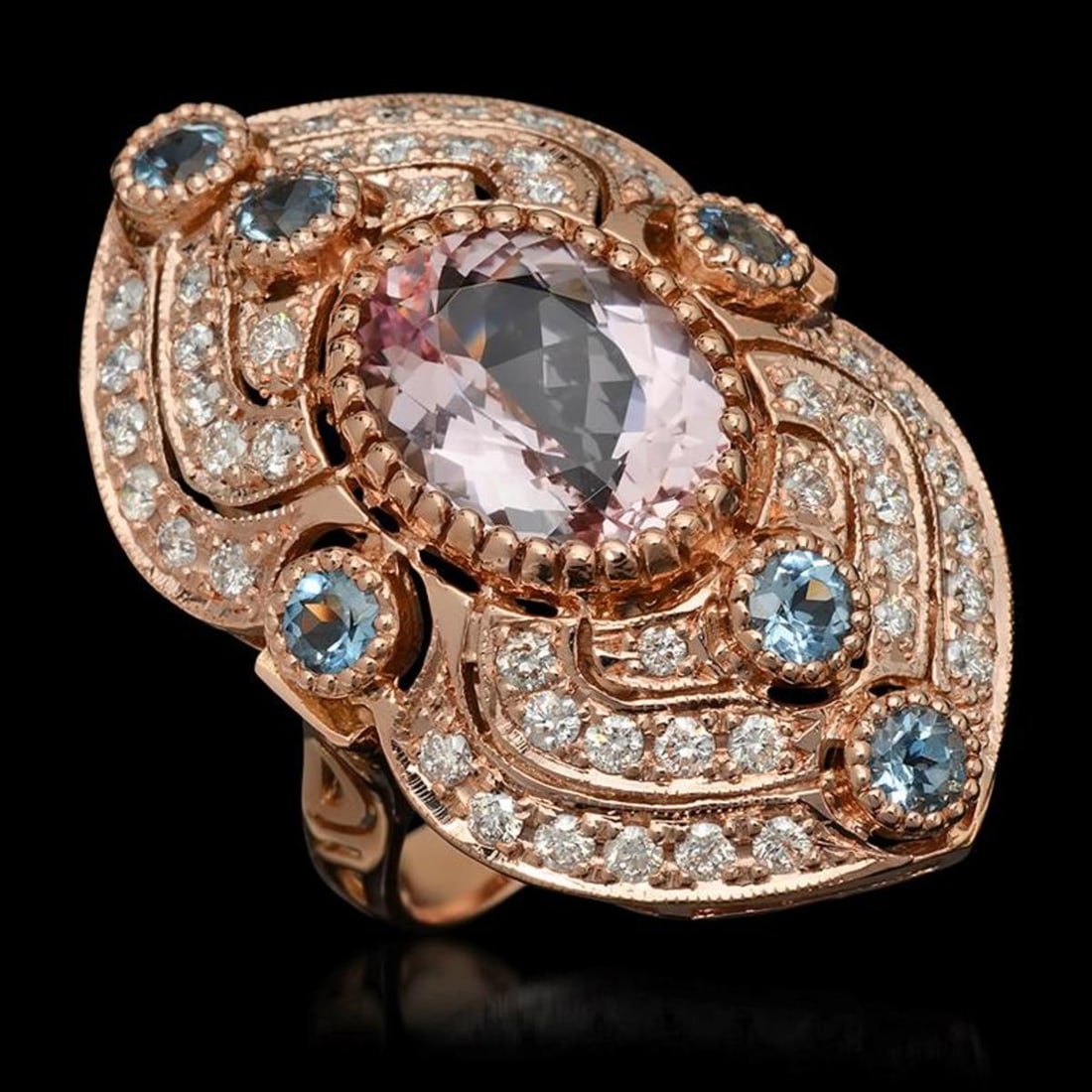14K Rose Gold 4.20ct Kunzite 0.86ct Aquamarine and 1.31ct Diamond Ring: Retail: $10,500.00 ****** 14K Rose Gold 4.20ct Kunzite 0.86ct Aquamarine and 1.31ct Diamond Ring ****** Metal: 14K Rose Gold / Total Item Weight: 12.1 Grams / Country Made: United States / / Main