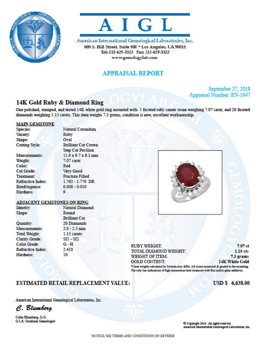 14K White Gold 7.07ct Ruby and 1.15ct Diamond Ring - 5