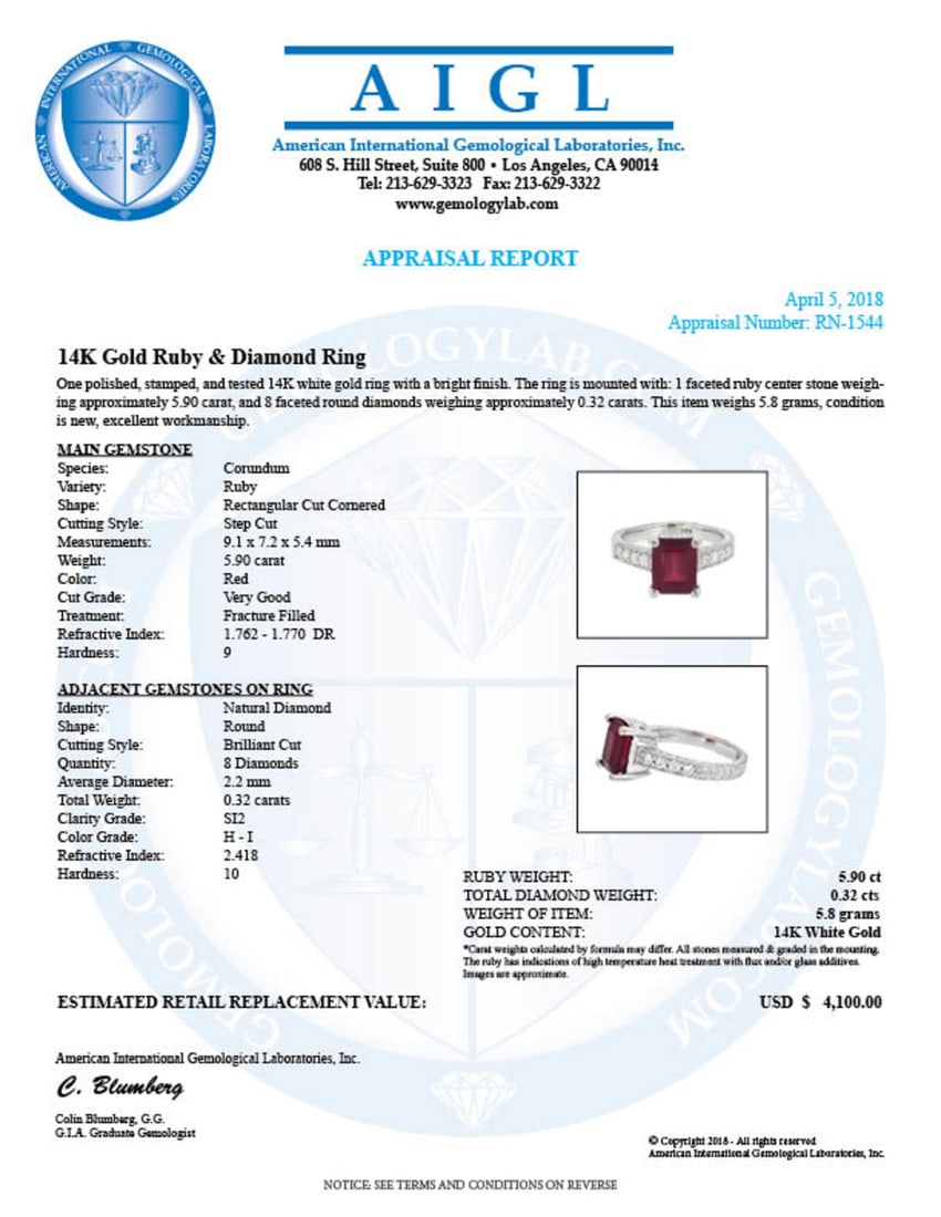 14k White Gold 5.90ct Ruby 0.32ct Diamond Ring - 5