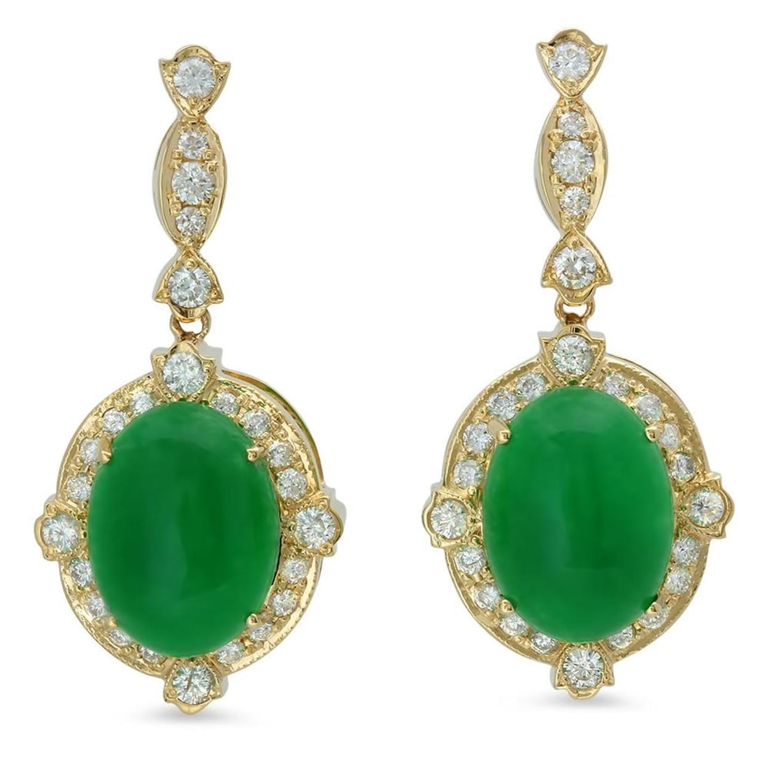 14K Gold 18.47ct Jadeite 1.93 Diamond Earrings: Retail: $16,350.00 ****** 14K Gold 18.47ct Jadeite 1.93 Diamond Earrings ****** Metal: 14K Solid Gold / Total Item Weight: 12.7 grams / Country Made: United States / / Main Stone: Jadeite / Color: Gre