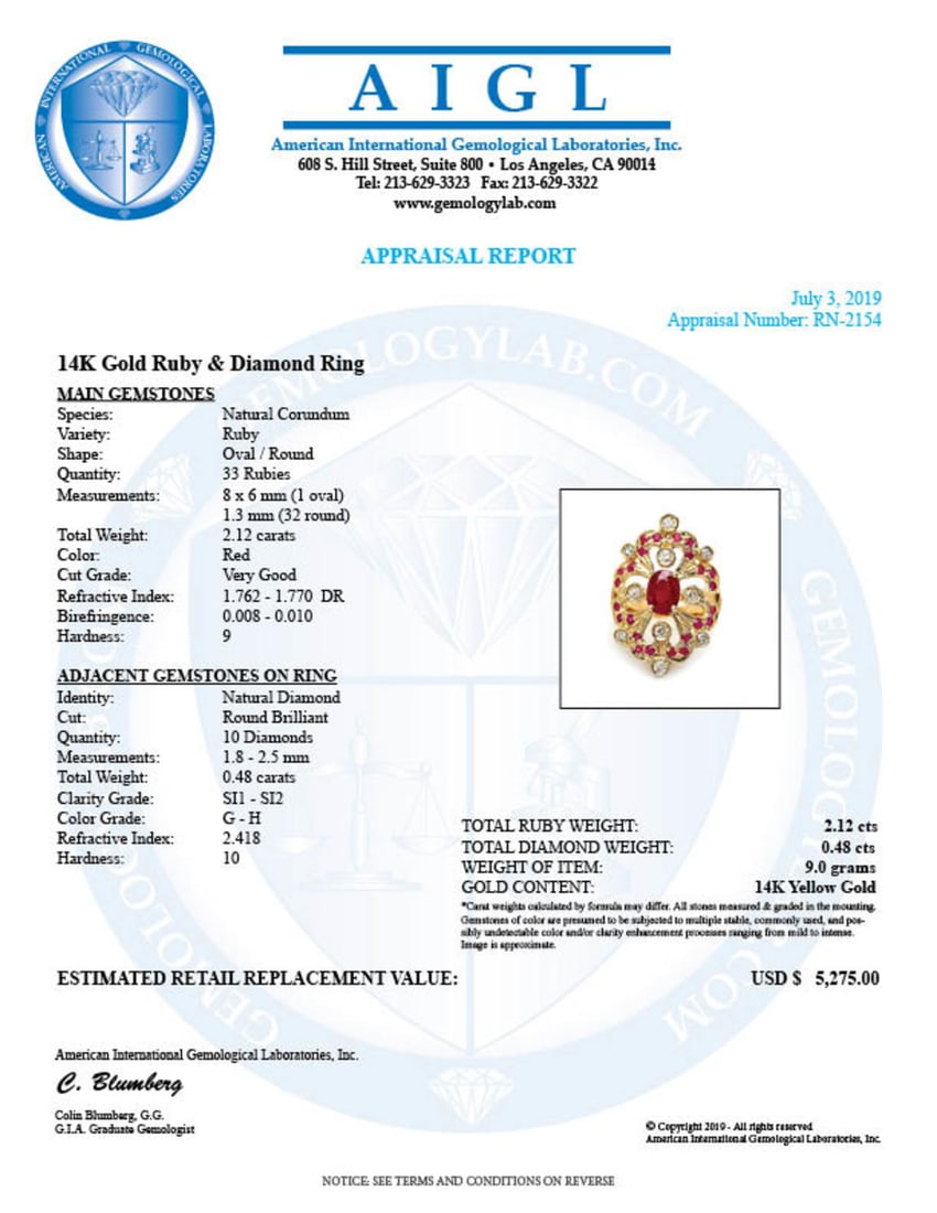 14K Yellow Gold 2.12ct Ruby and 0.48ct Diamond Ring - 5
