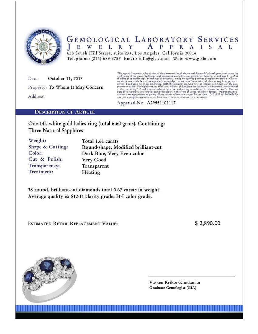 14k White Gold 1.61ct Sapphire 0.67ct Diamond Ring - 3