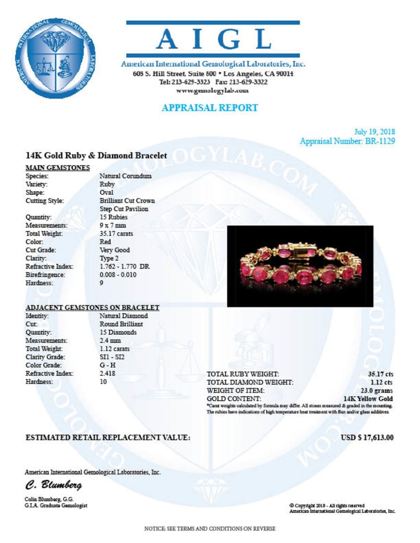 14k Gold 35.17ct Ruby 1.12ct Diamond Bracelet - 5