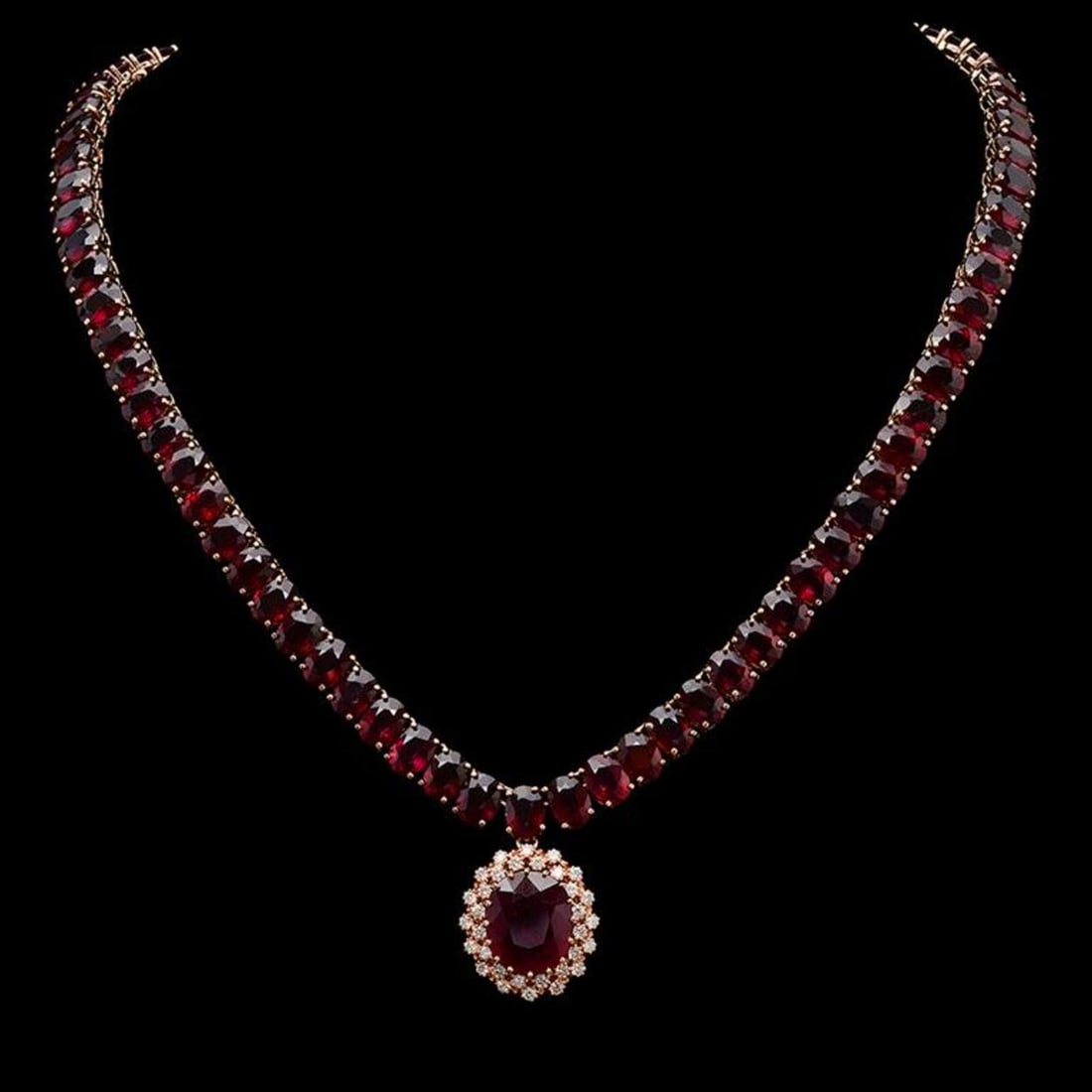 14K Gold 143.21ct Ruby & 1.03ct Diamond Necklace: Retail: $53,262.00 ****** 14K Gold 143.21ct Ruby & 1.03ct Diamond Necklace ****** Metal: 14K Solid Rose Gold / Total Item Weight: 70.0 grams / Country Made: United States / / Main Stone: Ruby /