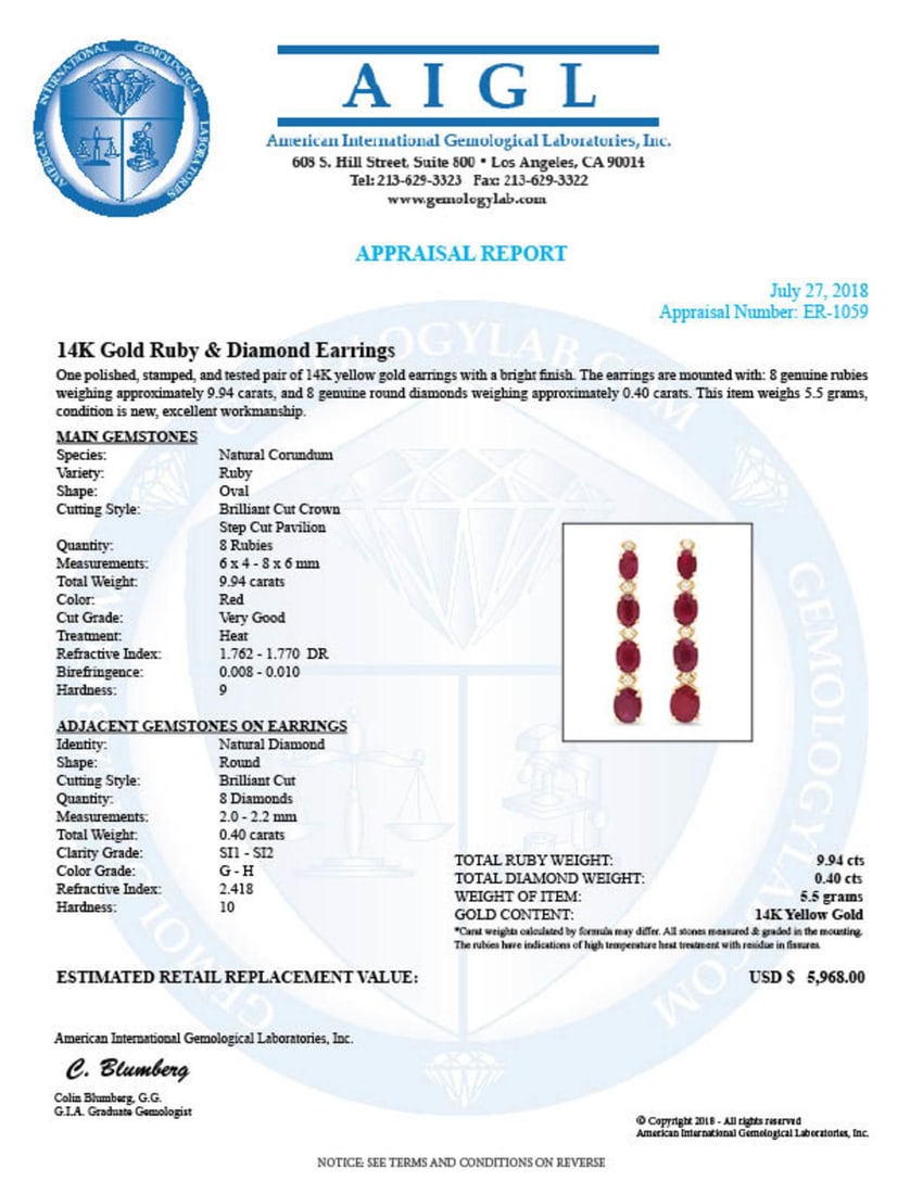 14K Gold 9.94ct Ruby 0.40cts Diamond Earrings - 4