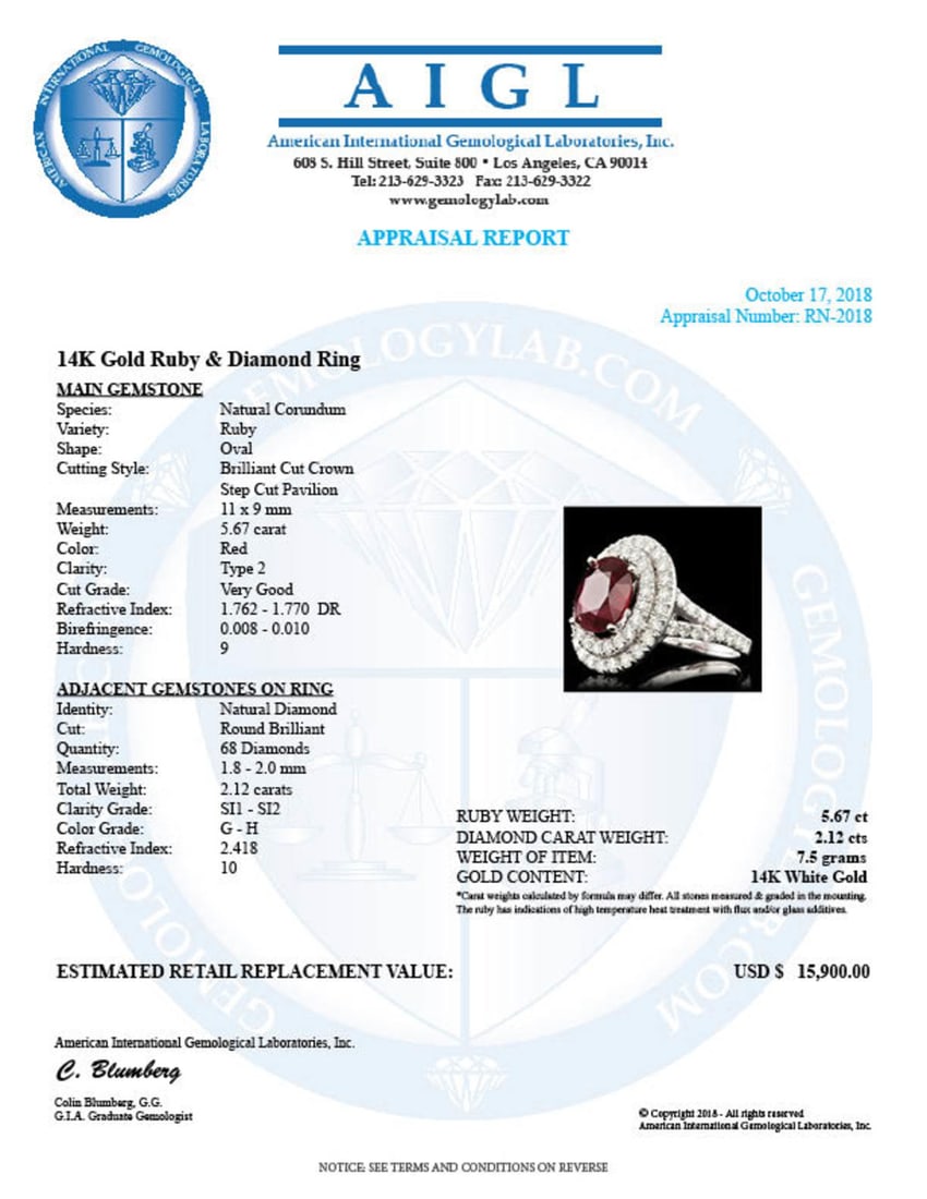 14K White Gold 5.67ct Ruby and 2.12ct Diamond Ring - 5