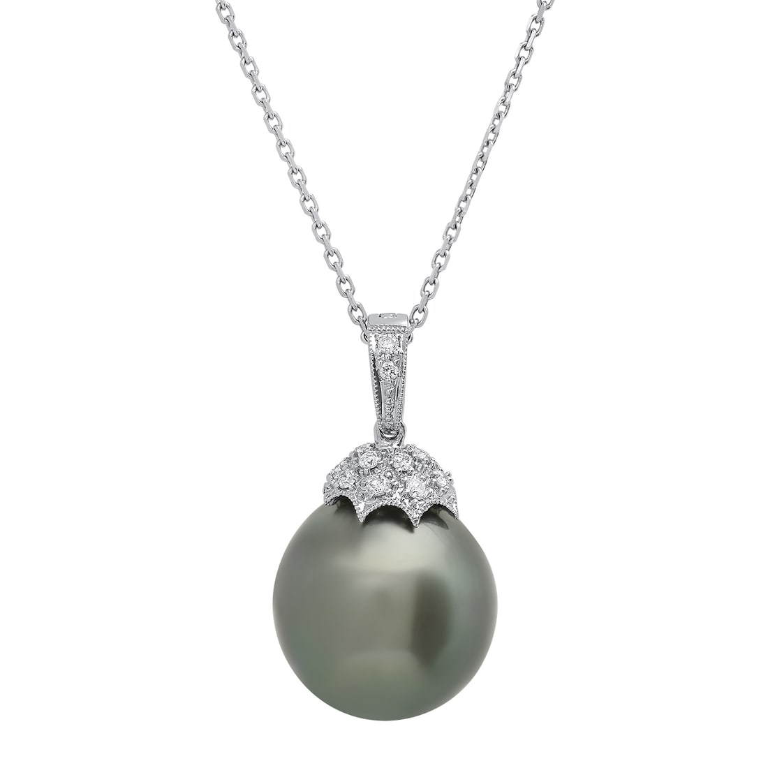 18K White Gold Setting with 15mm Tahitian Pearl and 0.27ct Diamond Pendant: Retail: $6,750.00 ****** 18K White Gold Setting with 15mm Tahitian Pearl and 0.27ct Diamond Pendant ****** Size: 18 Inches / Metal: 18K White Gold / Total Item Weight: 8.8 Grams / Country Made: United