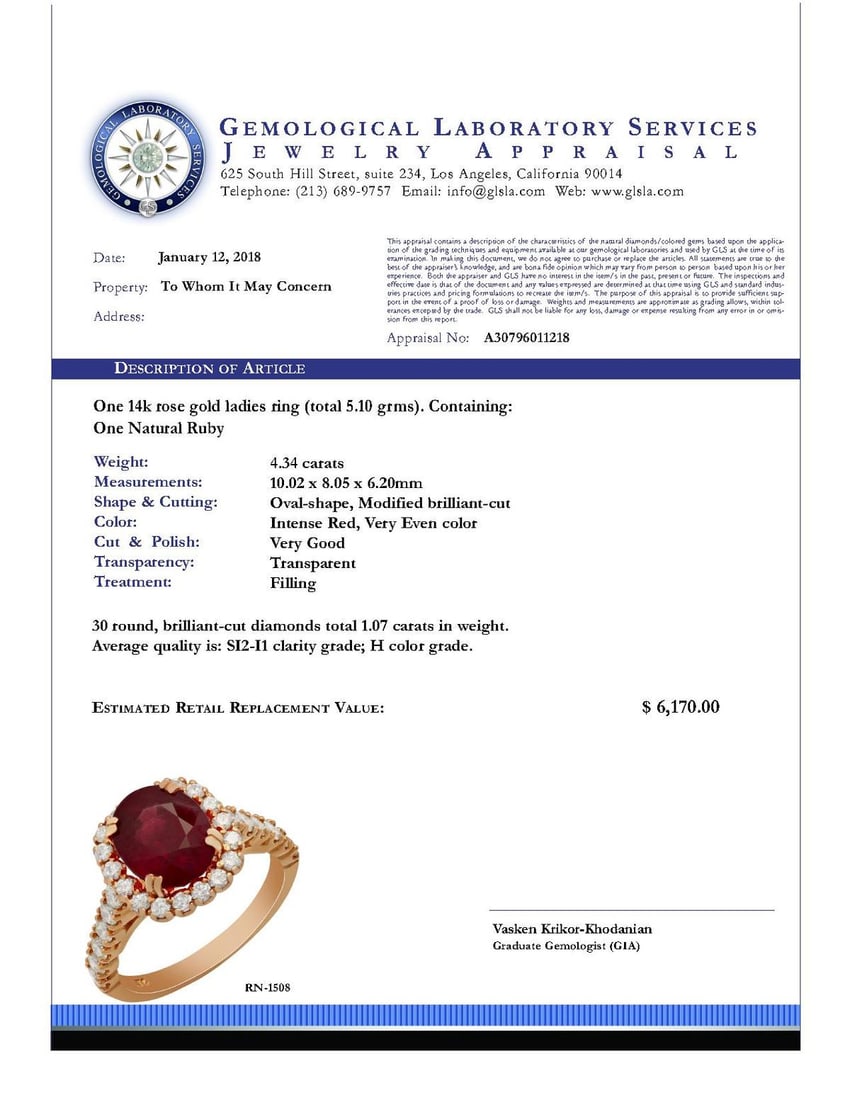 14k Rose Gold 4.34ct Ruby 1.07ct Diamond Ring - 4