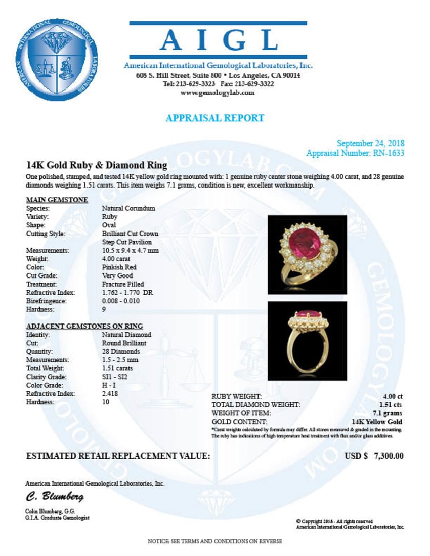 14K Yellow Gold 4.00ct Ruby and 1.51ct Diamond Ring - 5