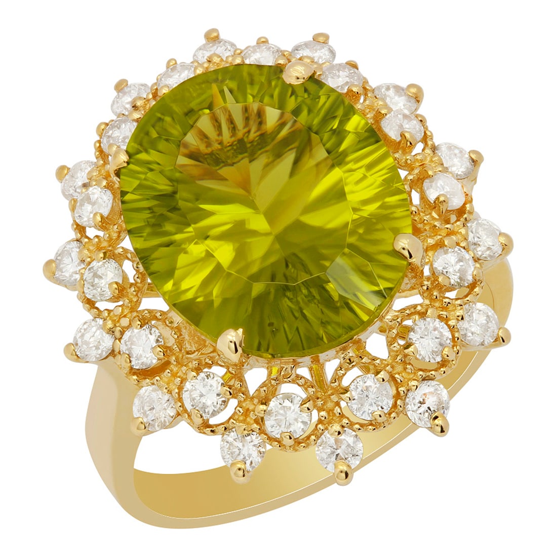 14k Yellow Gold 6.43ct Peridot 0.83ct Diamond Ring: Retail: $4,340.00 ****** 14k Yellow Gold 6.43ct Peridot 0.83ct Diamond Ring ****** Metal: 14K Yellow Gold / Total Item Weight: 6.00 grams / Country Made: United States / / Main Stone: Peridot /