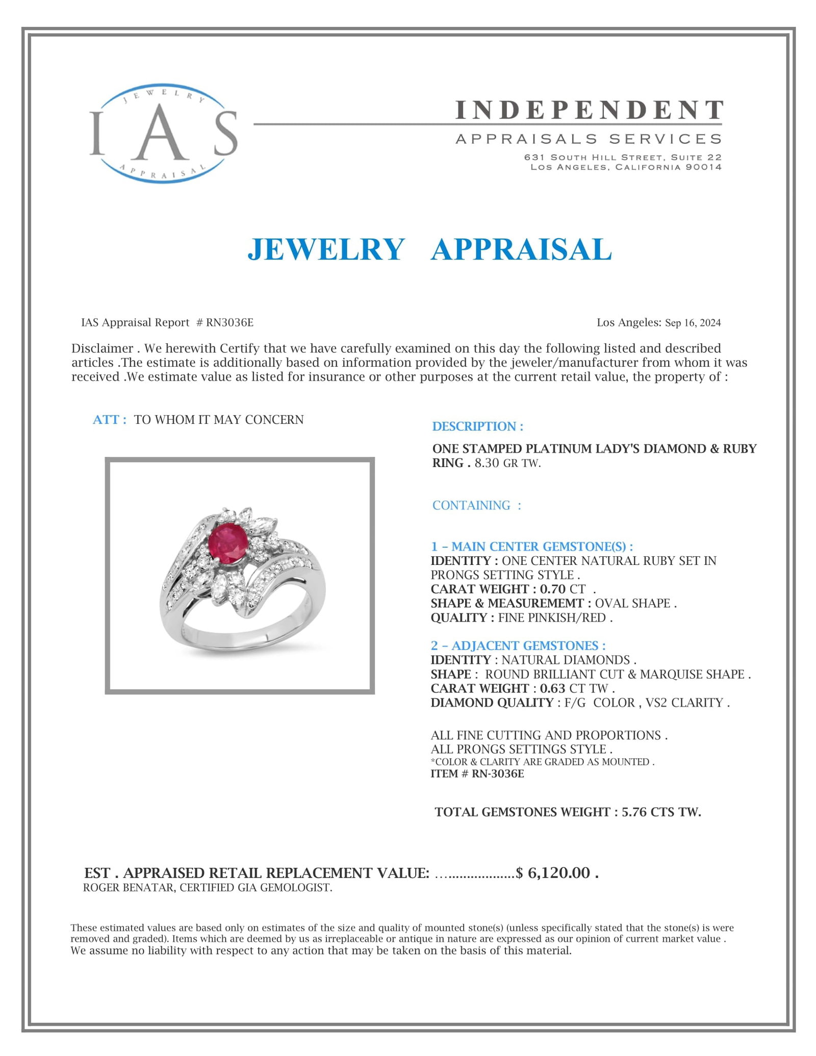 Platinum Setting with 0.70ct Ruby and 0.63ct Diamond Ladies Ring - 5