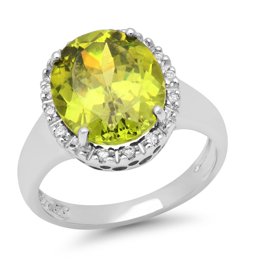 14K White Gold Setting with 4.6ct Peridot and 0.31ct Diamond Ladies Ring: Retail: $3,650.00 ****** 14K White Gold Setting with 4.6ct Peridot and 0.31ct Diamond Ladies Ring ****** Size: 6.5 / Metal: 14K White Gold / Total Item Weight: 4.7 Grams / Country Made: United States
