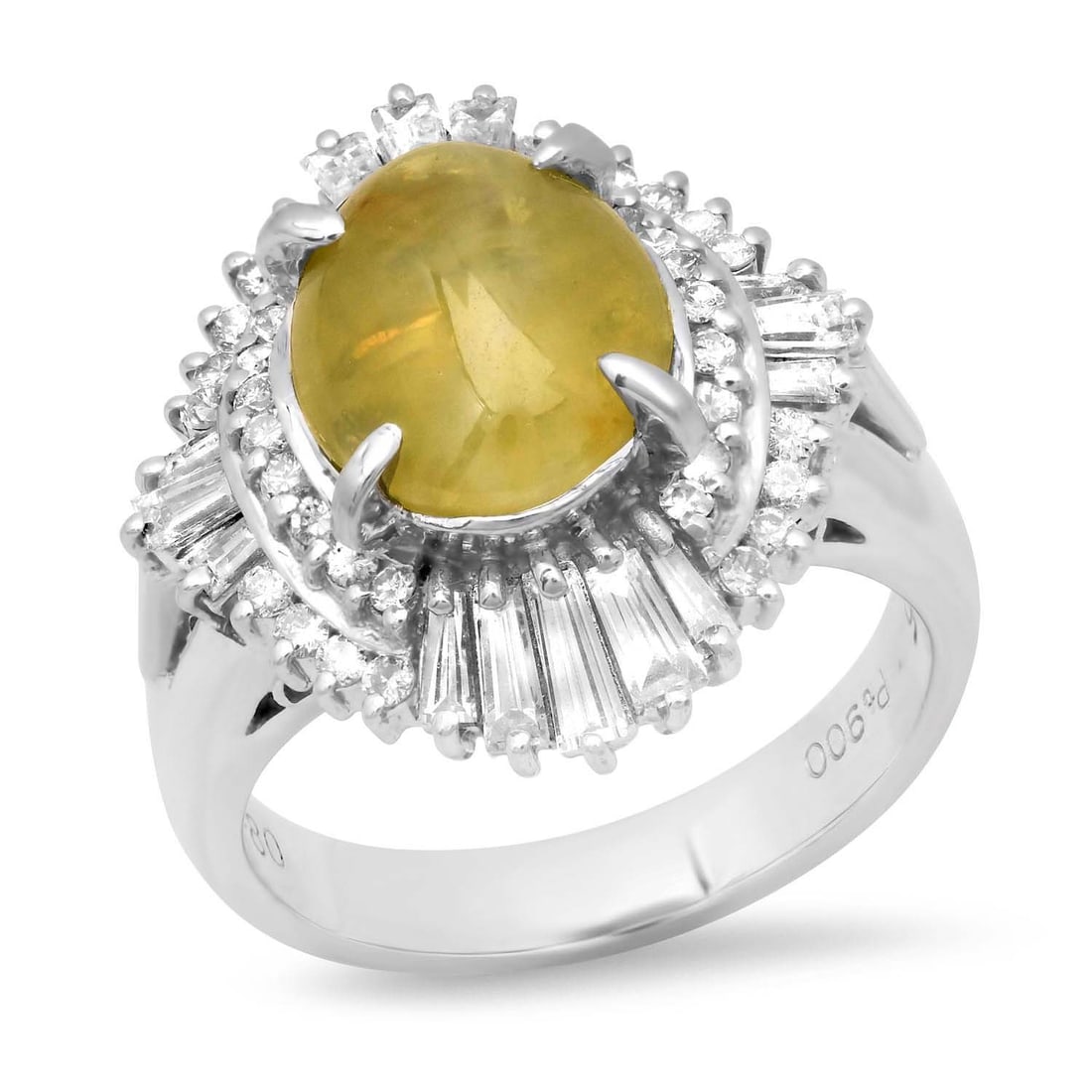 Platinum Setting with 3.25ct Chrysoberyl Cat's Eye" and 0.80ct Diamond Ladies Ring": Retail: $12,400.00 ****** Platinum Setting with 3.25ct Chrysoberyl Cat's Eye" and 0.80ct Diamond Ladies Ring ****** Size: 5 (we offer free resizing to winning bidders) / Metal: Platinum / Total Item