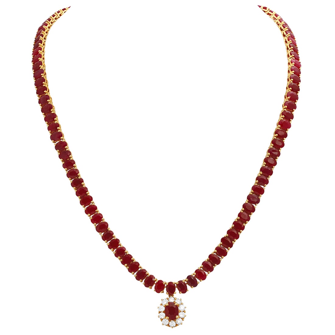 14k Yellow Gold 57.14ct Ruby 1.08ct Diamond Necklace: Retail: $20,500.00 ****** 14k Yellow Gold 57.14ct Ruby 1.08ct Diamond Necklace ****** Metal: 14K Yellow Gold / Total Item Weight: 35.60 grams / Country Made: United States / / Main Stone: Ruby / Color
