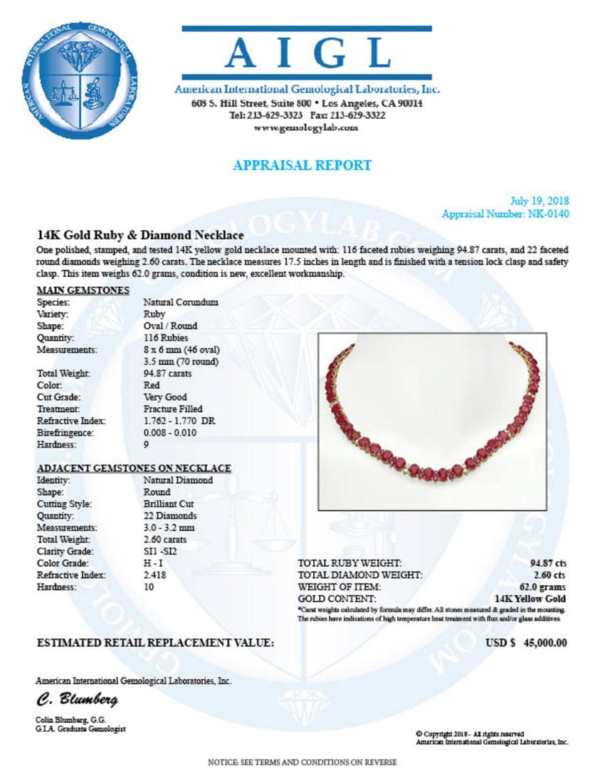 14K Gold 94.87ct Ruby 2.60ct Diamond Necklace - 5