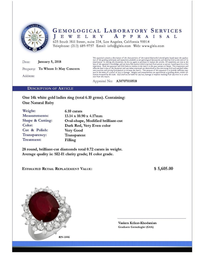 14k White Gold 6.10ct Ruby 0.72ct Diamond Ring - 5