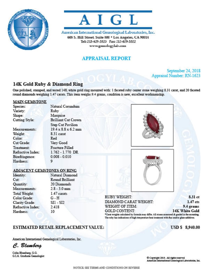 14K White Gold 8.31ct Ruby and 1.47ct Diamond Ring - 5