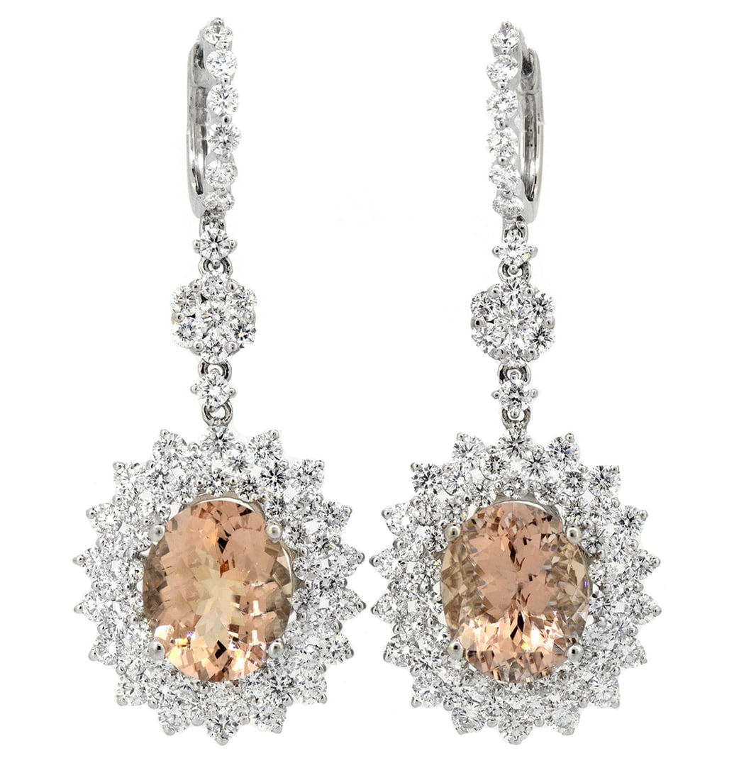 18K White Gold Ladies Earrings with 6.90ct Morganite and 4.26ct tw Adjacent Diamonds: Retail: $16,500.00 ****** 18K White Gold Ladies Earrings with 6.90ct Morganite and 4.26ct tw Adjacent Diamonds ****** Size: 1.5 / Metal: 18K White Gold / Total Item Weight: 9.2 Grams / Country Made: U