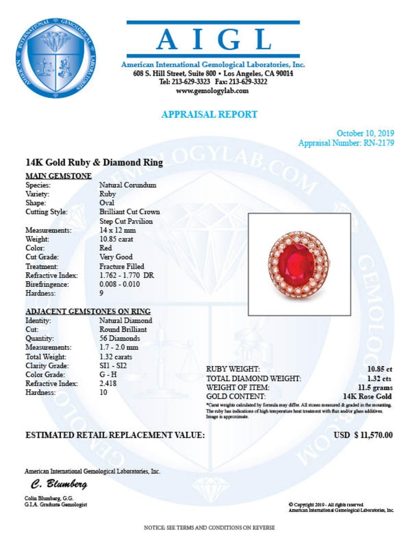 14K Rose Gold 10.85ct Ruby and 1.32ct Diamond Ring - 5