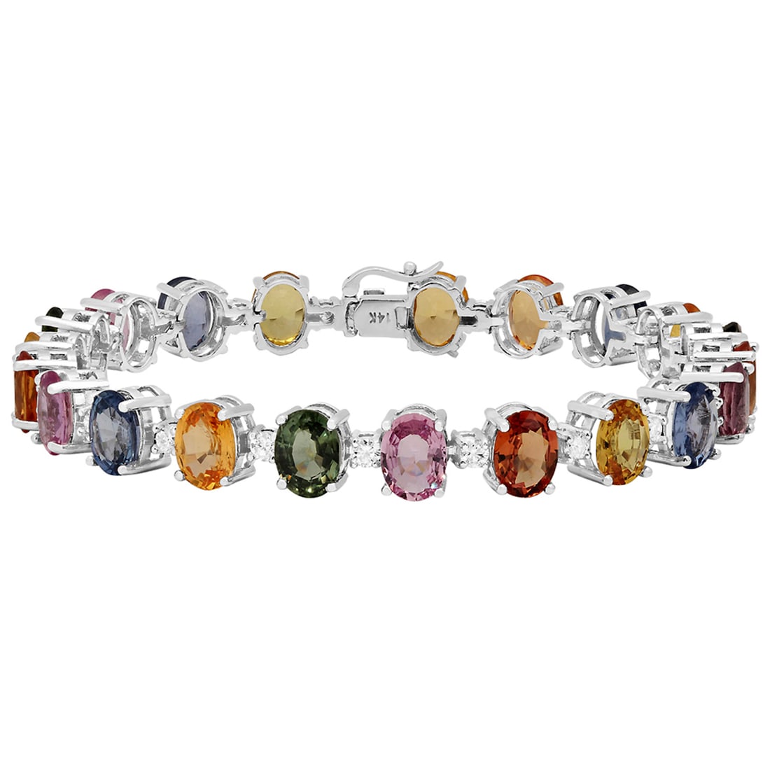 14k White Gold 31.56ct Sapphire 1.60ct Diamond Bracelet: Retail: $32,800.00 ****** 14k White Gold 31.56ct Sapphire 1.60ct Diamond Bracelet ****** Metal: 14K White Gold / Total Item Weight: 22.80 grams / Country Made: United States / / Main Stone: Sapphire