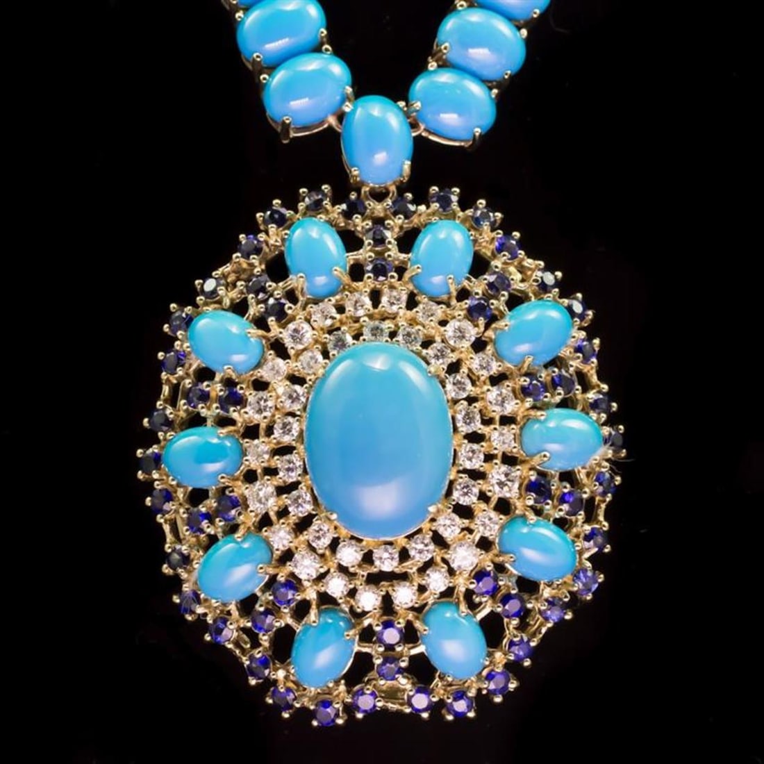 96.03ct Turquoise, 3.13ct Sapphire 1.78ct Diamond Necklace: Retail: $48,857.00 ****** 96.03ct Turquoise, 3.13ct Sapphire 1.78ct Diamond Necklace ****** Metal: None / Total Item Weight: 66.0 grams / Country Made: United States / / Main Stone: Turquoise /