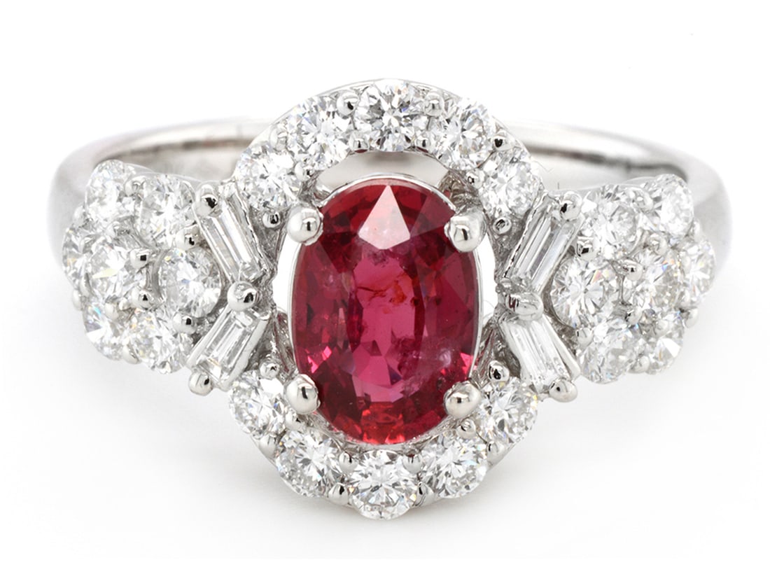 18K White Gold Ladies Ring with 1.26ct GIA Certified Ruby and 1.01ct tw Adjacent Diamonds: Retail: $9,000.00 ****** 18K White Gold Ladies Ring with 1.26ct GIA Certified Ruby and 1.01ct tw Adjacent Diamonds ****** Size: 6.5 / Metal: 18K White Gold / Total Item Weight: 4 Grams / Country