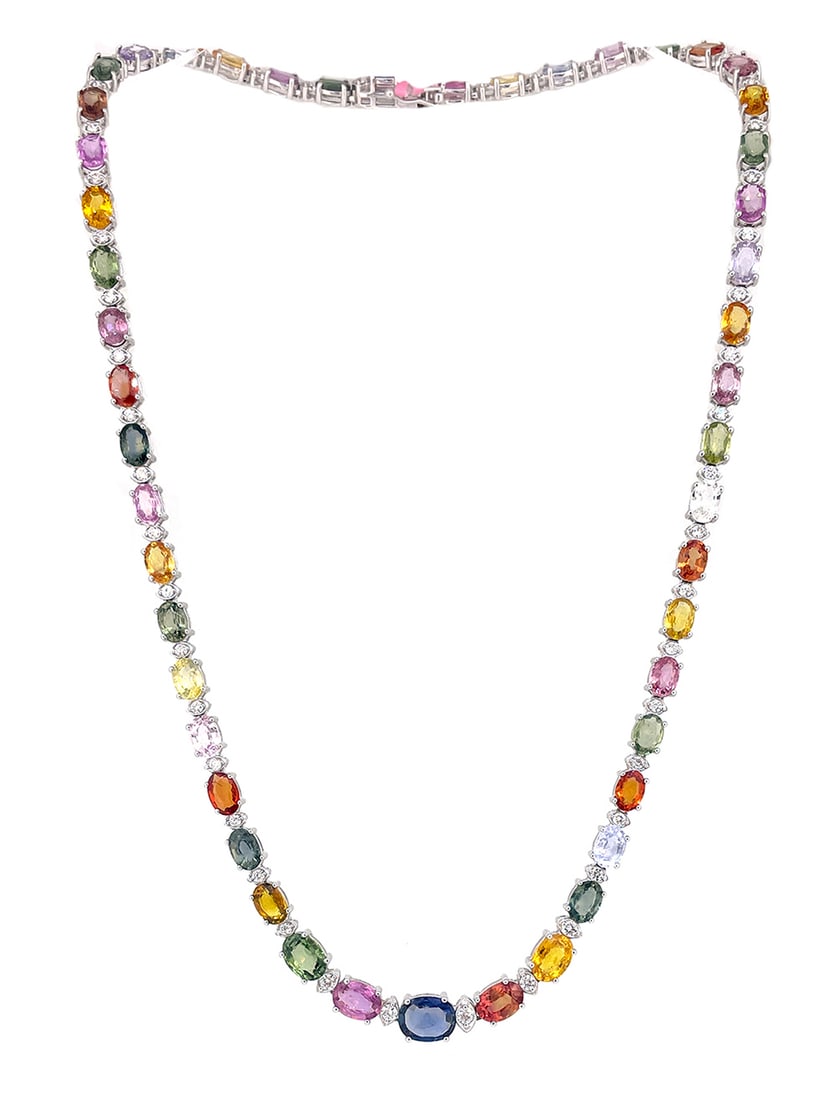 18K White Gold Ladies Necklace with 27.67ct Multi Colored Sapphire and 1.18ct Diamonds: Retail: $17,500.00 ****** 18K White Gold Ladies Necklace with 27.67ct Multi Colored Sapphire and 1.18ct Diamonds ****** Size: 16.5 / Metal: 18K White Gold / Total Item Weight: 24.8 Grams / Country Mad