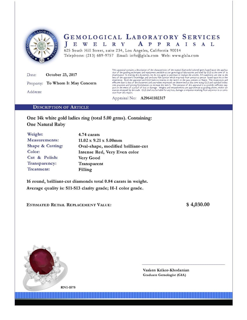 14k White Gold 4.74ct Ruby 0.84ct Diamond Ring - 4