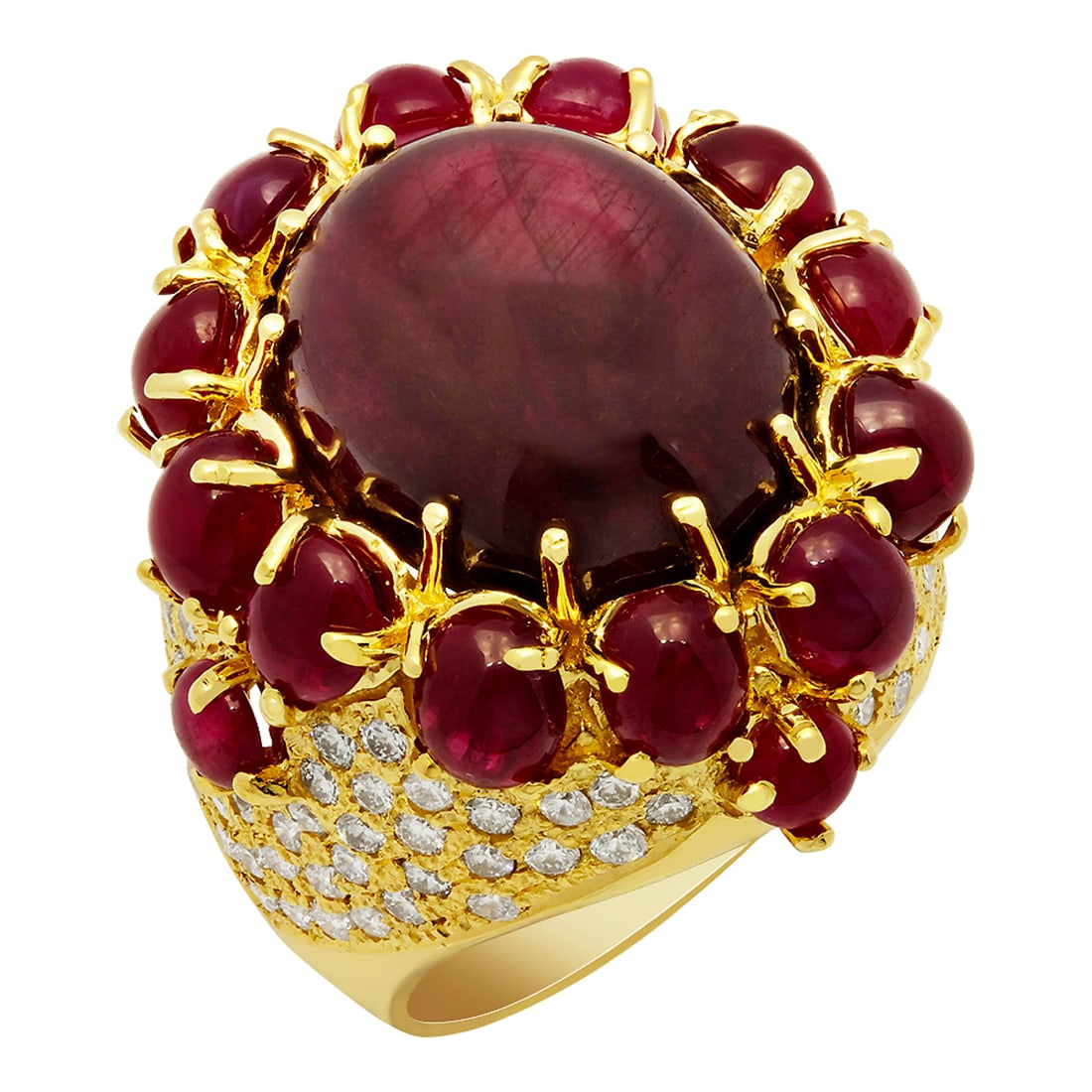 14k Yellow Gold 21.48ct & 5.00ct Ruby 2.18ct Diamond Ring: Retail: $22,945.00 ****** 14k Yellow Gold 21.48ct & 5.00ct Ruby 2.18ct Diamond Ring ****** Metal: 14K Yellow Gold / Total Item Weight: 18.80 grams / Country Made: United States / / Main Stone: Ruby