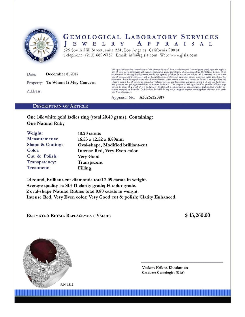 14k White Gold 18.20ct & 0.80ct Ruby 2.09ct Diamond Ring - 5