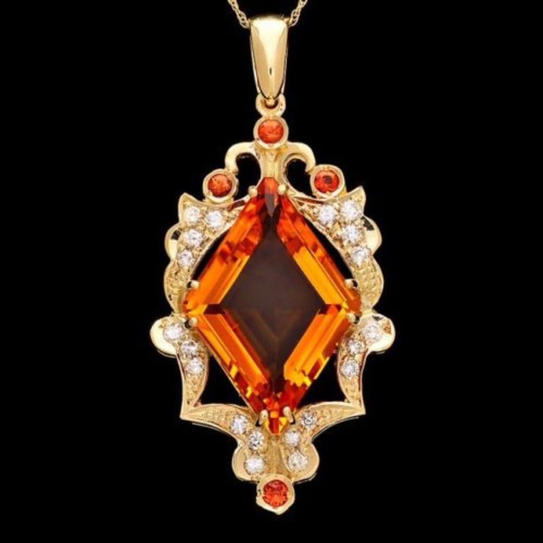 14K Gold 14.86ct Citrine 0.36ct Sapphire and 0.67ct Diamond Pendant: Retail: $8,950.00 ****** 14K Gold 14.86ct Citrine 0.36ct Sapphire and 0.67ct Diamond Pendant ****** Metal: 14K Yellow Gold / Total Item Weight: 11.5 Grams / Country Made: United States / / Main