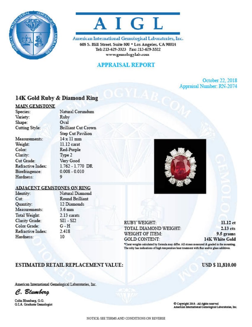 14K White Gold 11.12ct Ruby and 2.13ct Diamond Ring - 5