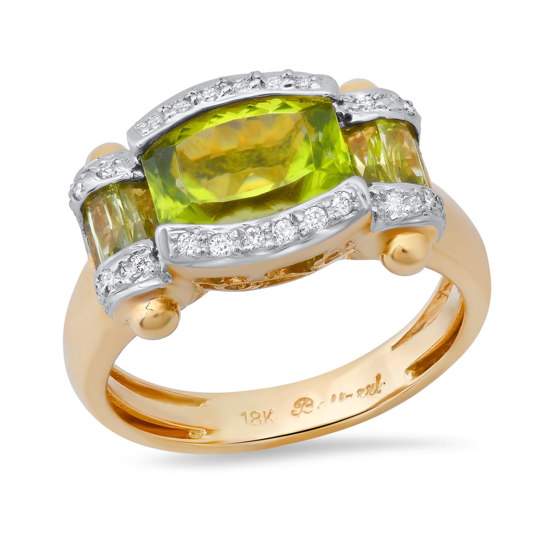 18K Yellow Gold Setting with 3.0ct Peridot and 0.15ct Diamond Bellari" Designor Ring": Retail: $6,140.00 ****** 18K Yellow Gold Setting with 3.0ct Peridot and 0.15ct Diamond Bellari" Designor Ring ****** Size: 7 (we offer free resizing to winning bidders) / Metal: 18K Yellow Gold / Tota