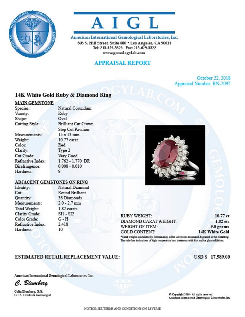 14K White Gold 10.77ct Ruby and 1.82ct Diamond Ring - 5