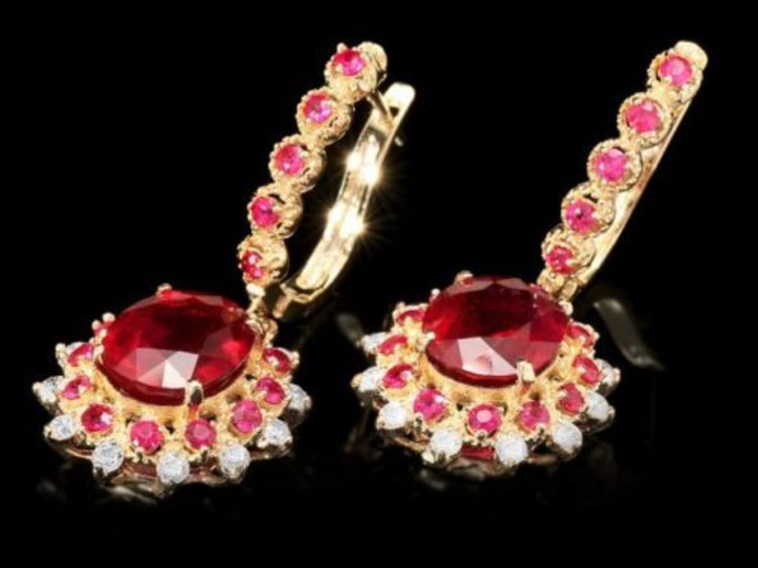 14K Gold 8.07ct Ruby and 0.70ct diamond Earrings - 2