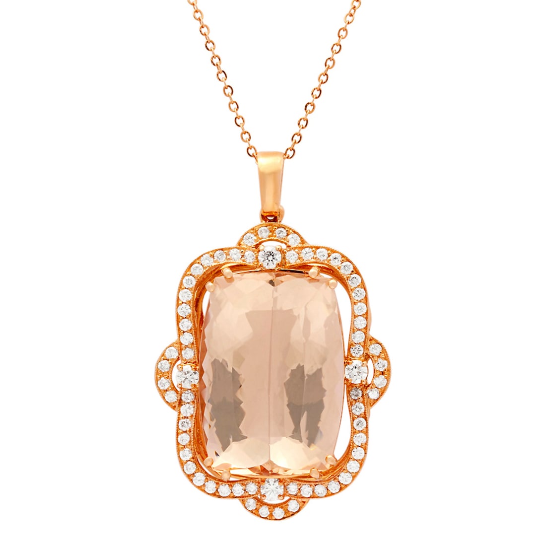 14k Rose Gold 45.96ct Morganite 2.07ct Diamond Pendant: Retail: $27,765.00 ****** 14k Rose Gold 45.96ct Morganite 2.07ct Diamond Pendant ****** Metal: 14K Rose Gold / Total Item Weight: 21.30 grams / Country Made: United States / / Main Stone: Morganite