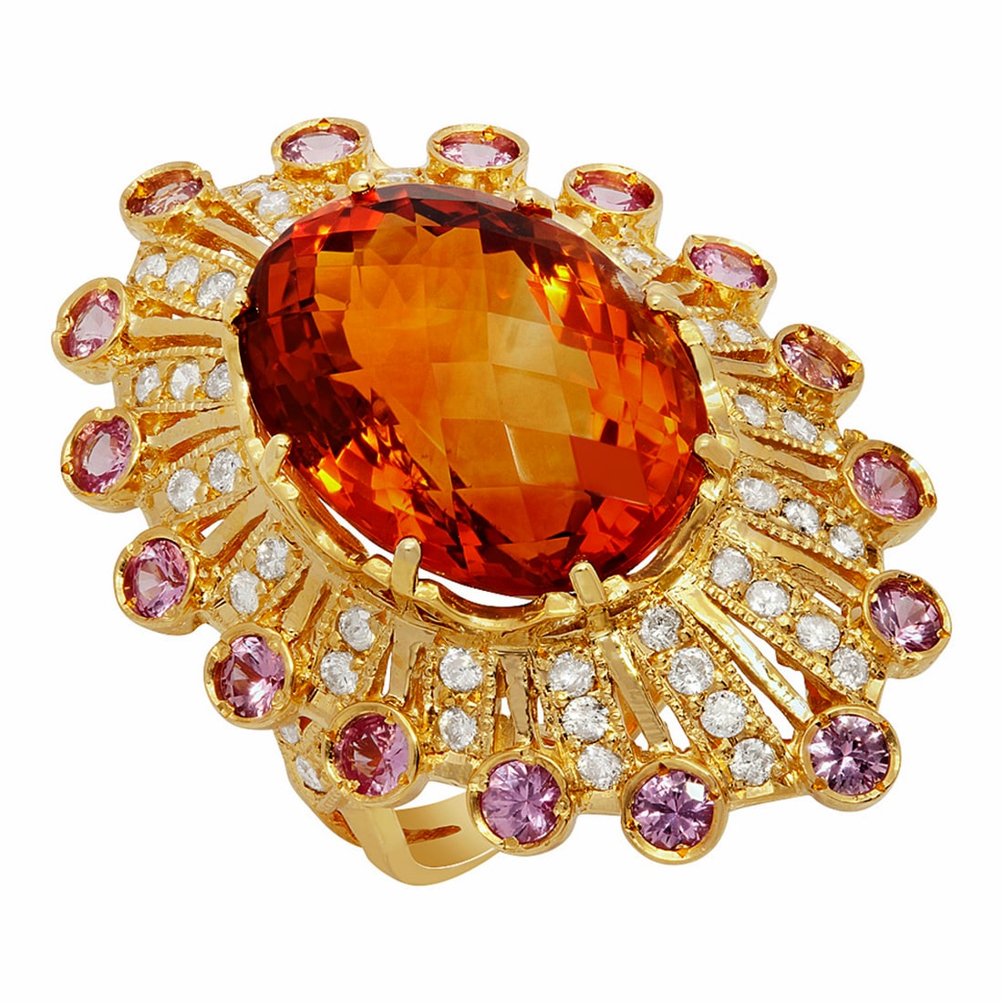 14k Yellow Gold 15.27ct Citrine 1.15ct Sapphire 1.09ct Diamond Ring: Retail: $12,825.00 ****** 14k Yellow Gold 15.27ct Citrine 1.15ct Sapphire 1.09ct Diamond Ring ****** Metal: 14K Yellow Gold / Total Item Weight: 13.80 grams / Country Made: United States / / Main
