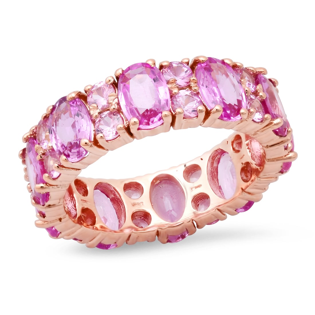 14K Rose Gold setting with 5.43ct Pink Sapphire Band: Retail: $6,873.00 ****** 14K Rose Gold setting with 5.43ct Pink Sapphire Band ****** Size: 7 / Metal: 14K Rose Gold / Total Item Weight: 5.4 Grams / Country Made: United States / / Main Stone: Sapphir