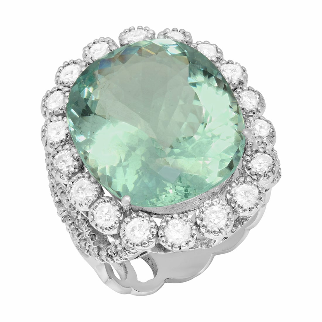 14k White Gold 15.96ct Aquamarine 1.85ct Diamond Ring: Retail: $21,200.00 ****** 14k White Gold 15.96ct Aquamarine 1.85ct Diamond Ring ****** Metal: 14K White Gold / Total Item Weight: 11.25 grams / Country Made: United States / / Main Stone: Aquamarine