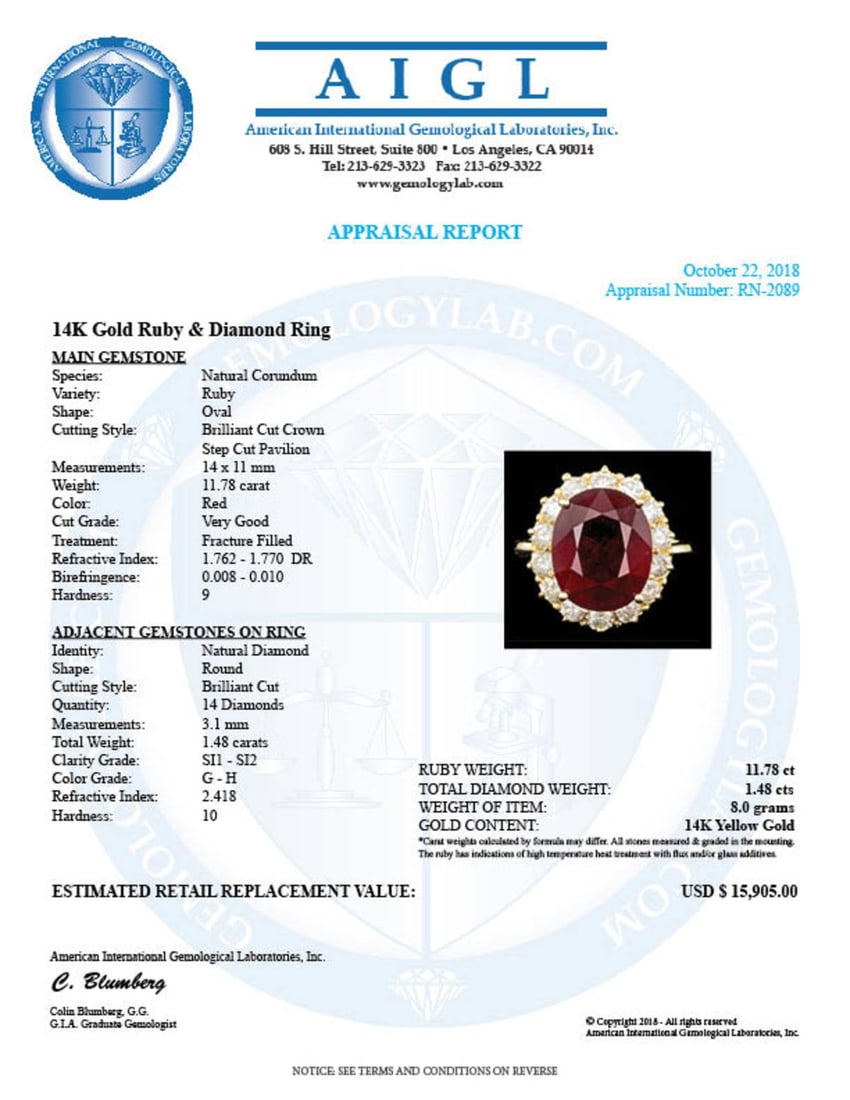 14K Yellow Gold 11.78ct Ruby and 1.48ct Diamond Ring - 5