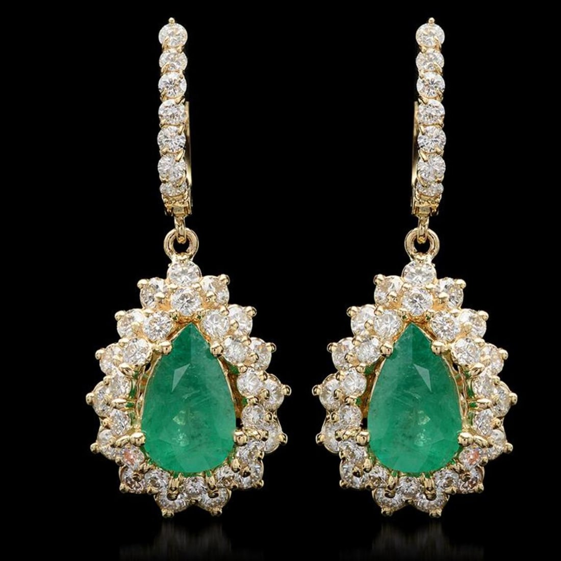 14K Gold 3.28ct Emerald 3.12ct Diamond Earrings: Retail: $21,168.00 ****** 14K Gold 3.28ct Emerald 3.12ct Diamond Earrings ****** Metal: 14K Solid Yellow Gold / Total Item Weight: 9.9 grams / Country Made: United States / / Main Stone: Emerald /