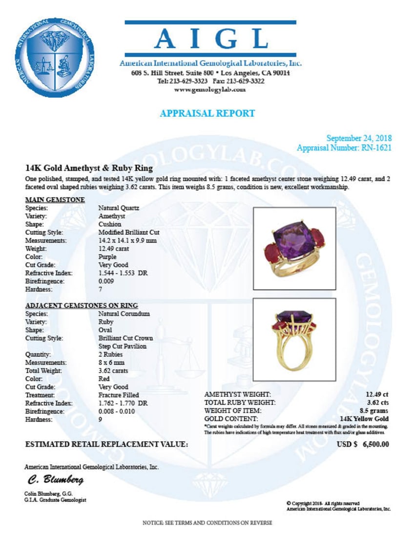 14K Yellow Gold 12.49ct Amethyst and 3.62ct Ruby Ring - 5