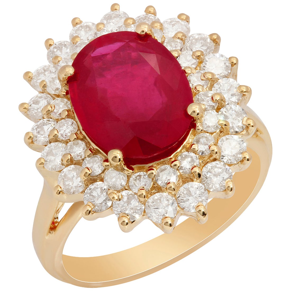 14k Yellow Gold 3.77ct Ruby 1.56ct Diamond Ring: Retail: $3,750.00 ****** 14k Yellow Gold 3.77ct Ruby 1.56ct Diamond Ring ****** Metal: 14K Yellow Gold / Total Item Weight: 6.80 grams / Country Made: United States / / Main Stone: Ruby / Color: Inten