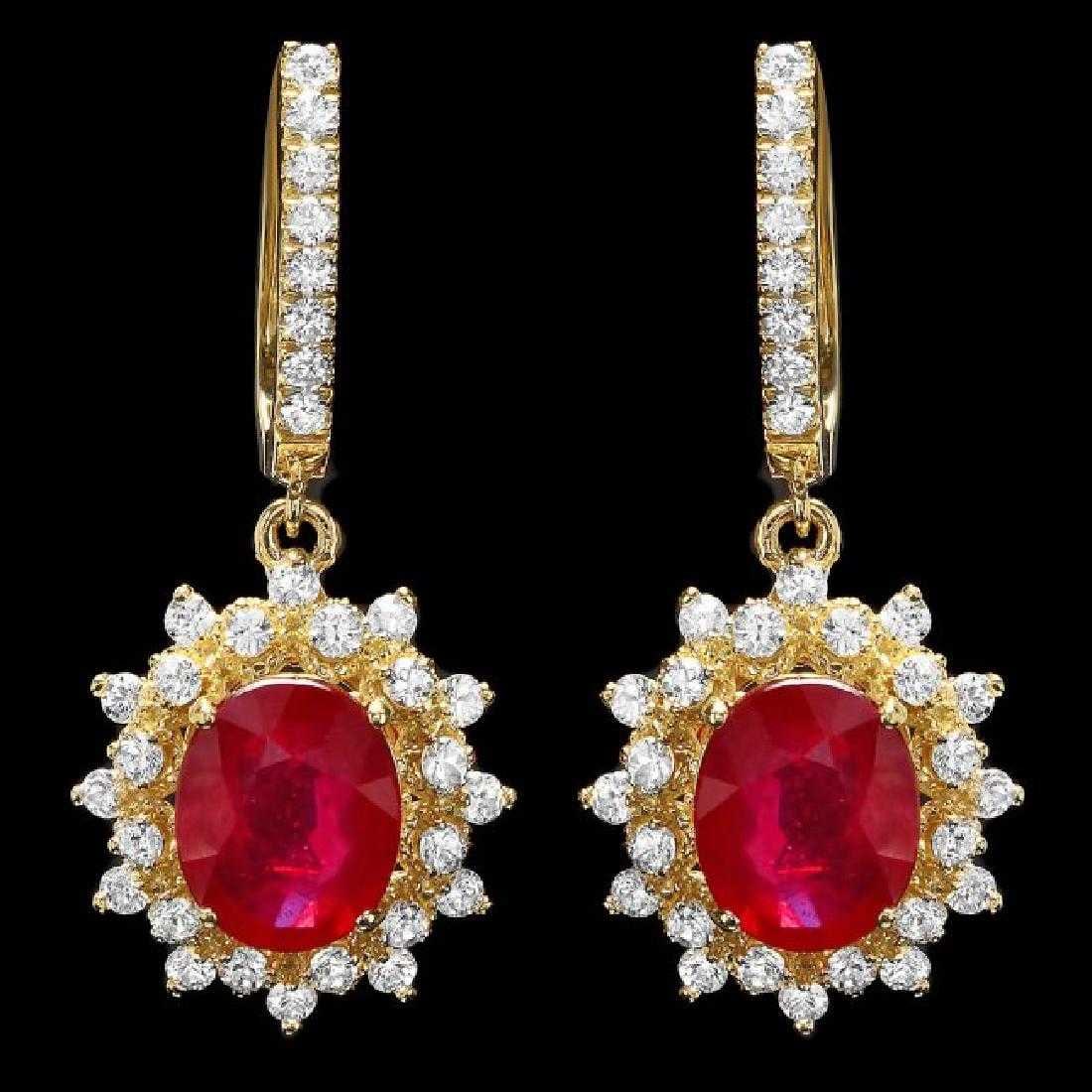 14K Yellow Gold 6.36ct Ruby and 1.76ct Diamond Earrings: Retail: $12,935.00 ****** 14K Yellow Gold 6.36ct Ruby and 1.76ct Diamond Earrings ****** Metal: 14K Yellow Gold / Total Item Weight: 8.5 Grams / Country Made: United States / / Main Stone: Ruby /