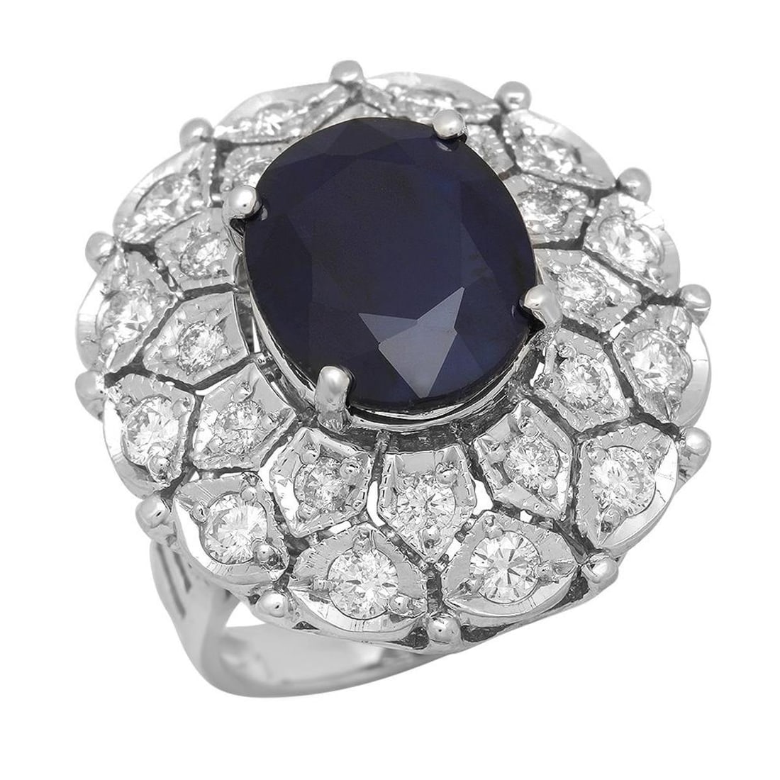 14K White Gold 8.99ct Sapphire and 1.79ct Diamond Ring: Retail: $10,000.00 ****** 14K White Gold 8.99ct Sapphire and 1.79ct Diamond Ring ****** Metal: 14K White Gold / Total Item Weight: 11.9 Grams / Country Made: United States / / Main Stone: Sapphire /