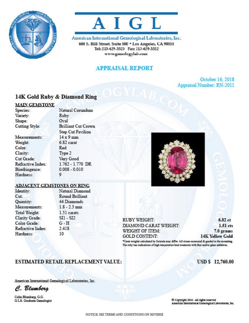 14K Yellow Gold 6.82ct Ruby and 1.51ct Diamond Ring - 5