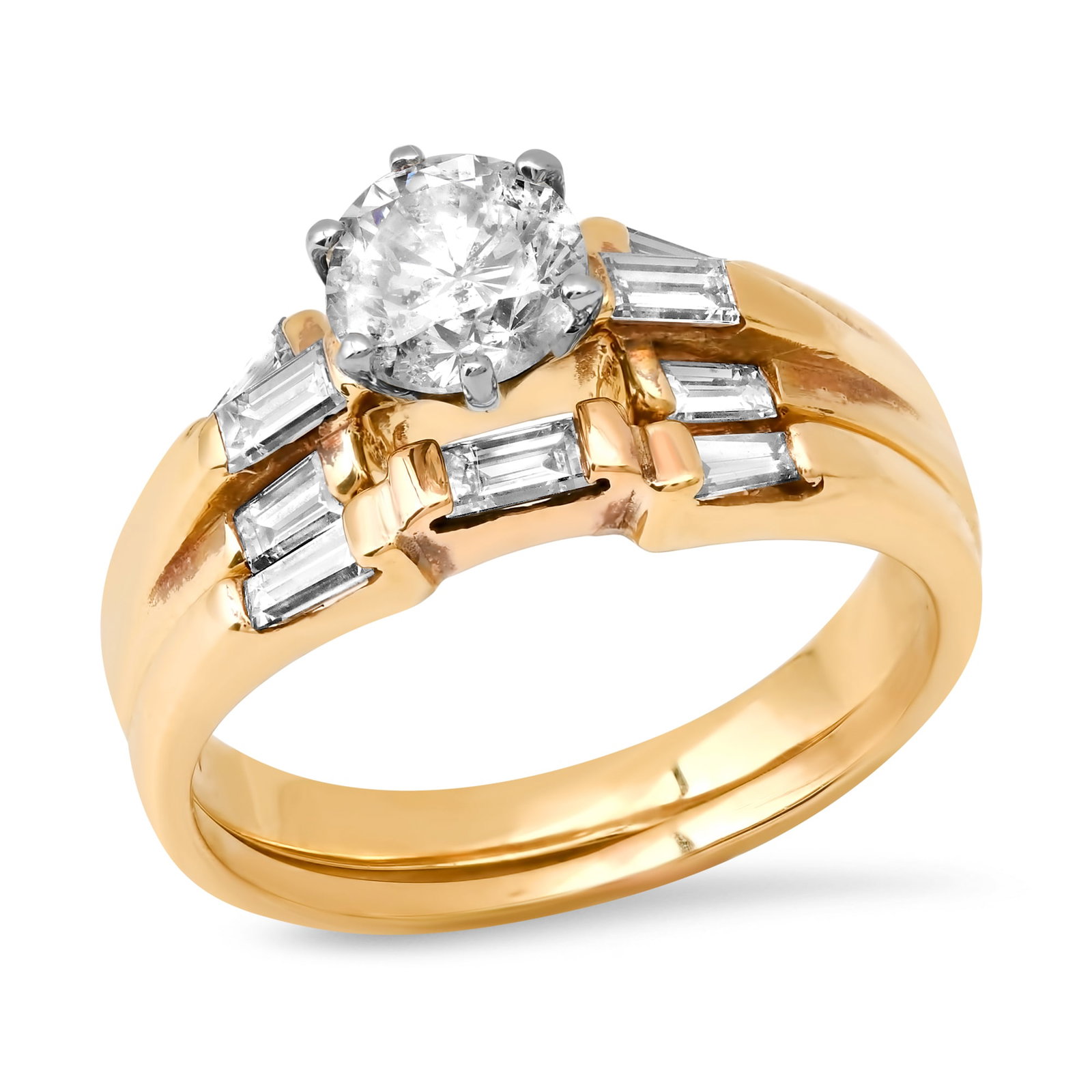 14K Yellow Gold Setting with 0.70ct Center and 1.00tcw Diamond Ladies two Ring Set: Retail: $4,920.00 ****** 14K Yellow Gold Setting with 0.70ct Center and 1.00tcw Diamond Ladies two Ring Set ****** Size: 6 / Metal: 14K Yellow Gold / Total Item Weight: 4.6 Grams / Country Made: