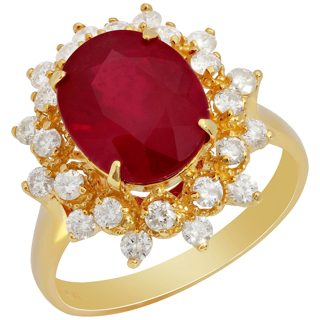 14k Yellow Gold 5.07ct Ruby 0.73ct Diamond Ring: Retail: ****** 14k Yellow Gold 5.07ct Ruby 0.73ct Diamond Ring ****** Metal: 14K Yellow Gold / Total Item Weight: 4.40 grams / Country Made: United States / / Main Stone: Ruby / Color: Intense Red