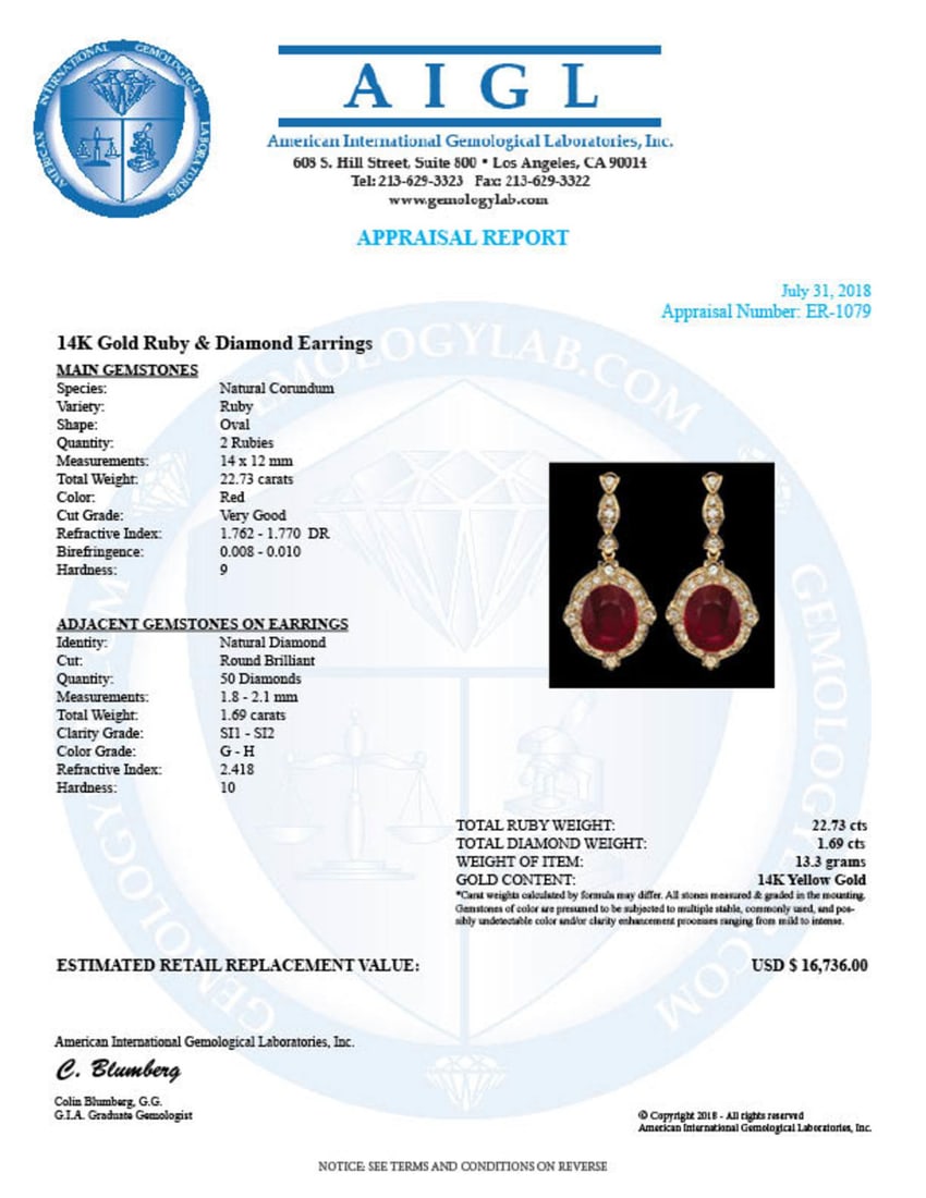 14k Gold 22.73ct Ruby 1.69ct Diamond Earrings - 5